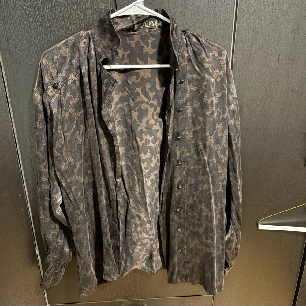 Eacada Brown Lace Patterned Button Down Silk Shirt - image 1